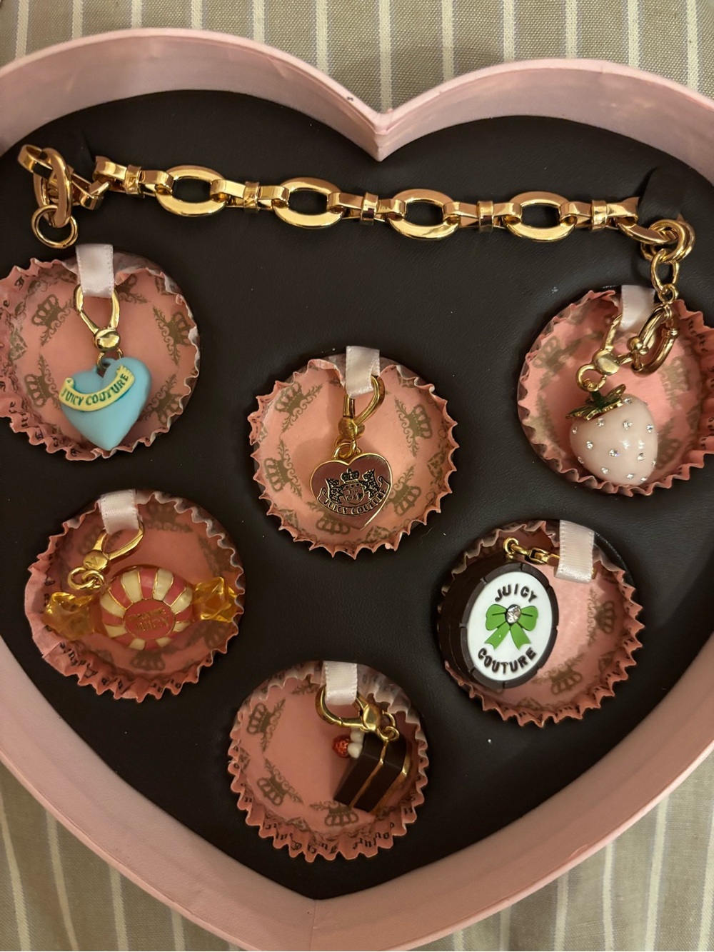 Juicy Couture Gold-Tone Charm Bracelet with Pink and Aqua Charms